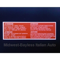    Restoration Decal - "ATTENZIONE!" Head Bolts for Timing Belt Cover (Fiat 124,  X19 128, 131, Lancia Beta 1980-On)